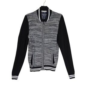 American Rag Jacket Medium Gray & Black Striped Cotton Full-Zip Ribbed Cuffs Hem